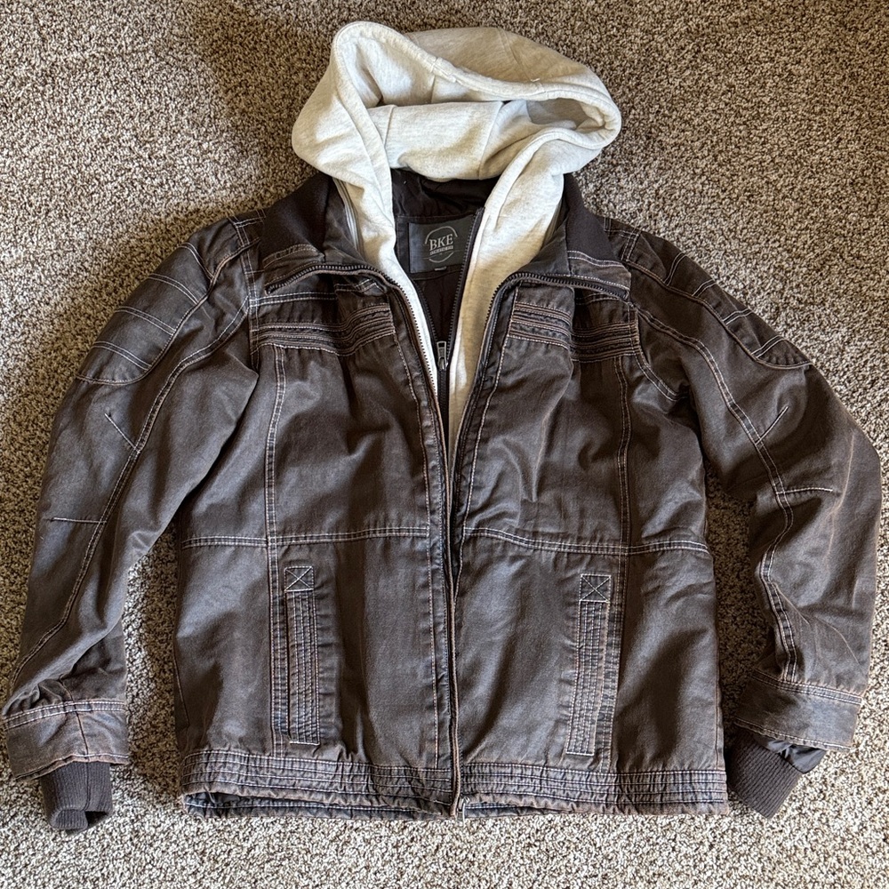 BKE Chocolate Bomber Jacket with Cream Hood